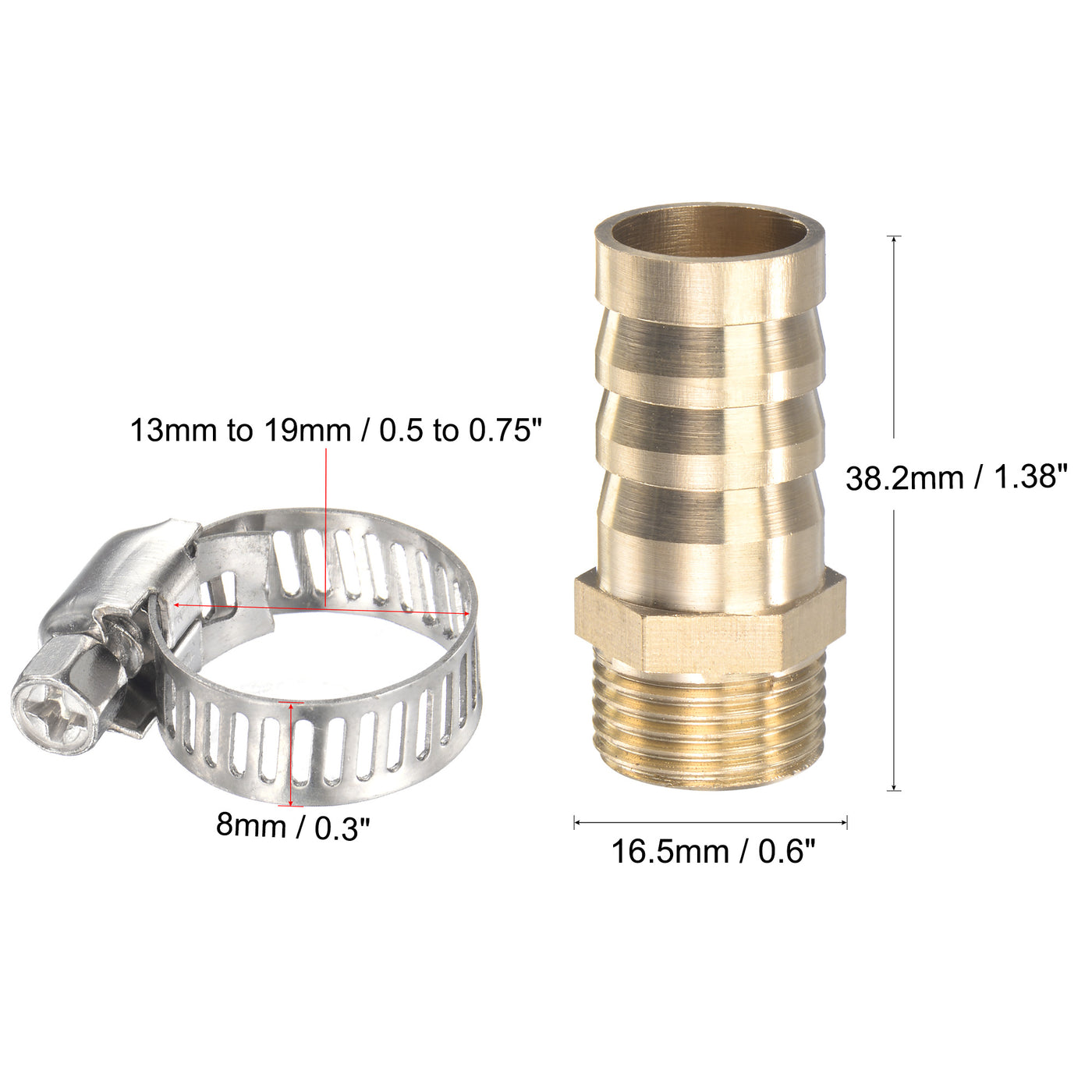 uxcell Uxcell Brass Hose Barb Fitting Straight Male Thread Pipe Connector with Stainless Steel Hose Clamp