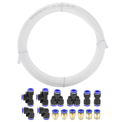 Harfington Uxcell Pneumatic 10mm OD Nylon Air Hose Tubing Kit 5 Meters White with 14 Pcs Push to Connect Fittings