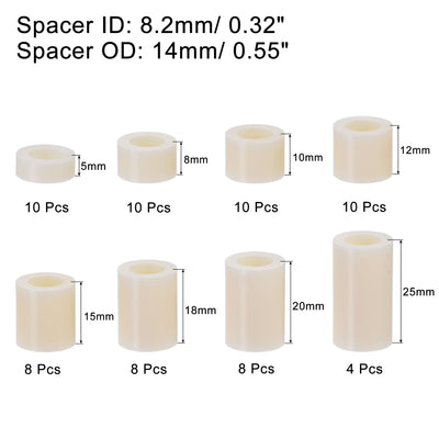 Harfington Uxcell 68Stk ABS Runde Abstandhalter Unterlegscheiben Sortiment Kit ID 8,2mm OD 14mm für M8 Schrauben 8 Größen Kunststoffabstandhalter(5mm 8mm 10mm 12mm 15mm 18mm 20mm 25mm)