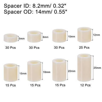 Harfington Uxcell 172Stk ABS Runde Abstandhalter Unterlegscheiben Sortiment Kit ID 8,2mm OD 14mm für M8 Schrauben 8 Größen Kunststoffabstandhalter(5mm 8mm 10mm 12mm 15mm 18mm 20mm 25mm)