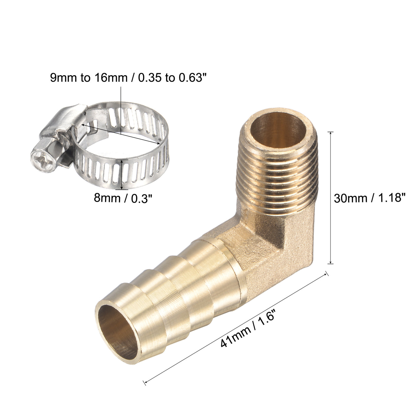 Uxcell Uxcell Brass Hose Barb Fitting Elbow 13mm x G1/4 Male Thread Right Angle Pipe Connector with Stainless Steel Hose Clamp, Pack of 2