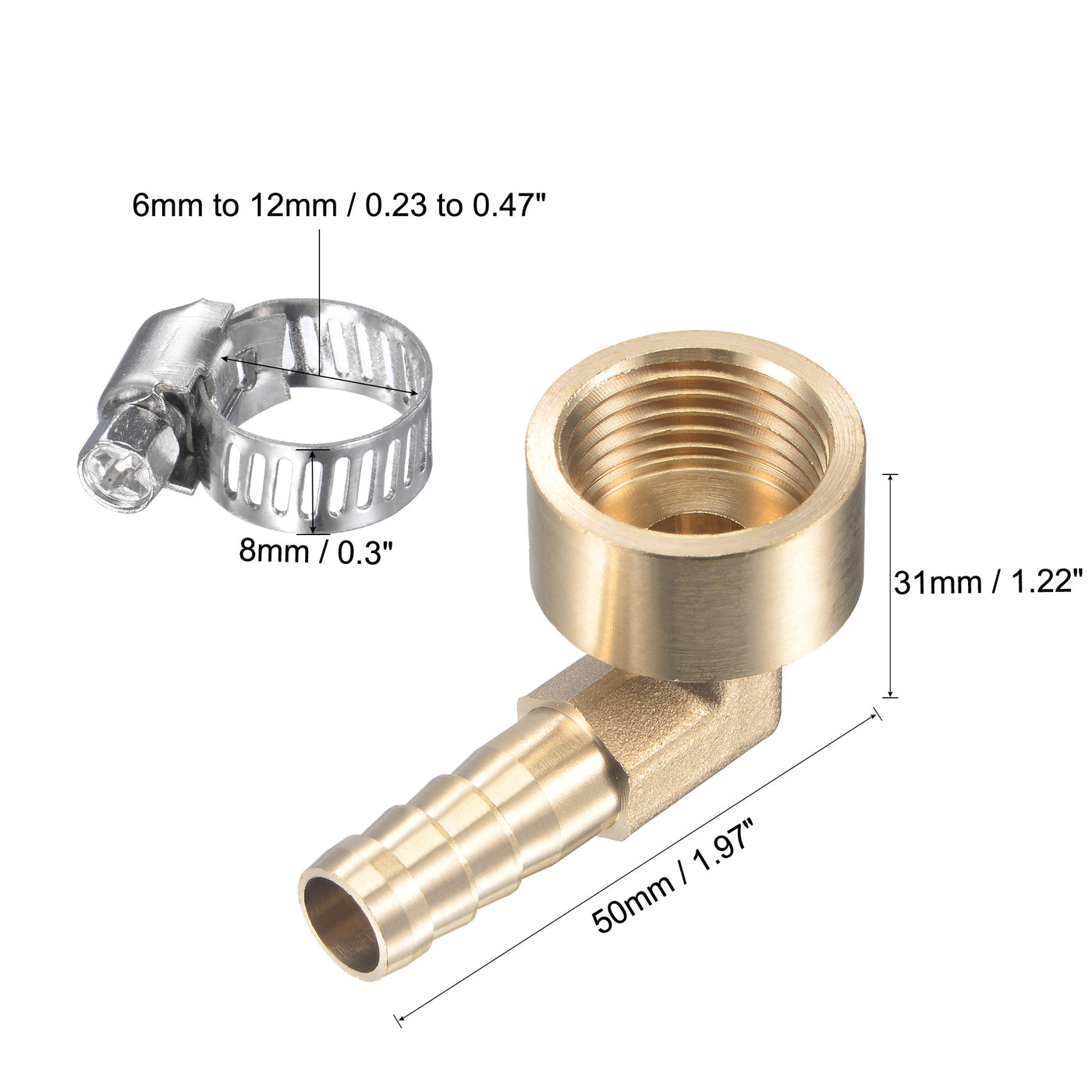 Uxcell Uxcell Brass Hose Barb Fitting Elbow 16mm x G1/2 Female Thread Pipe Connector with Stainless Steel Hose Clamp