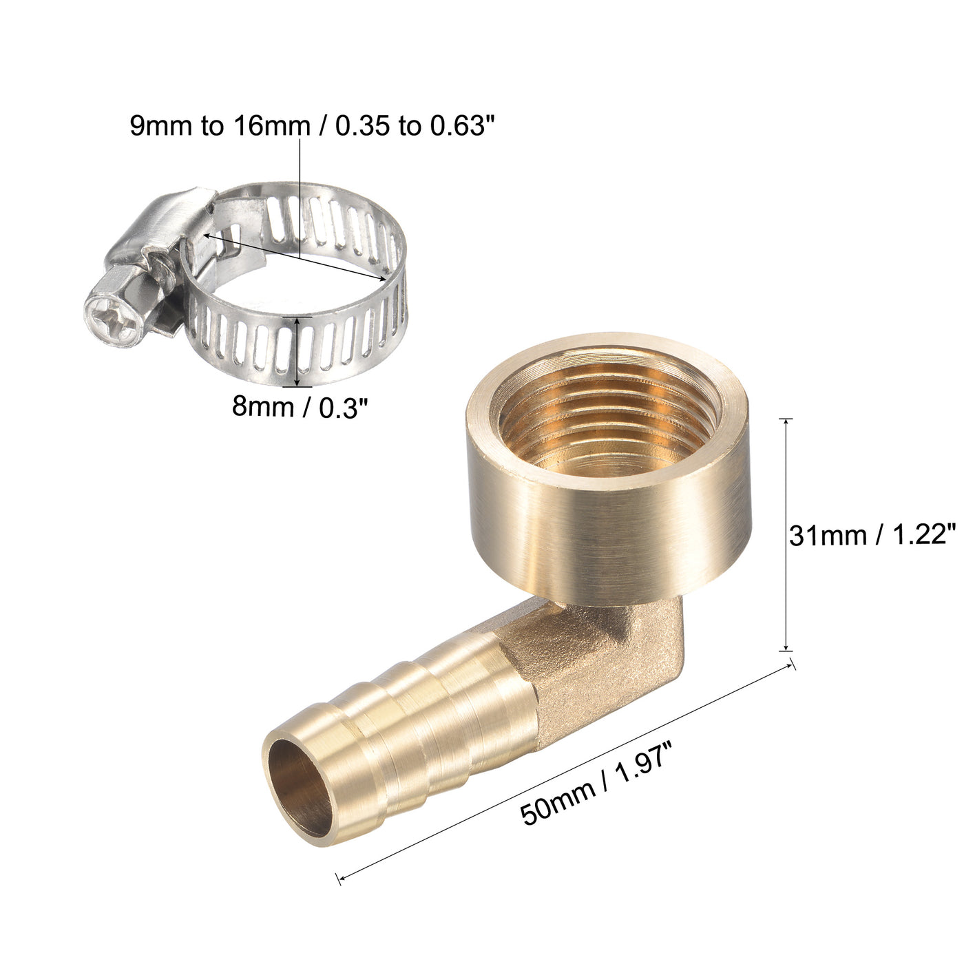 Uxcell Uxcell Brass Hose Barb Fitting Elbow 16mm x G1/2 Female Thread Pipe Connector with Stainless Steel Hose Clamp