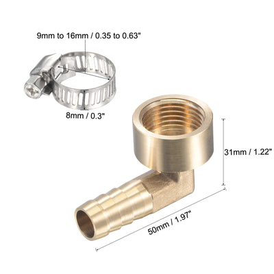 Harfington Uxcell Brass Hose Barb Fitting Elbow 16mm x G1/2 Female Thread Pipe Connector with Stainless Steel Hose Clamp