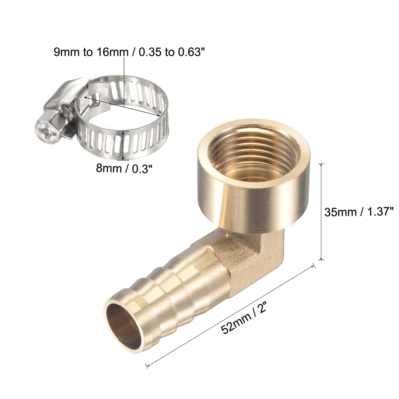 Uxcell Uxcell Brass Hose Barb Fitting Elbow 16mm x G1/2 Female Thread Pipe Connector with Stainless Steel Hose Clamp