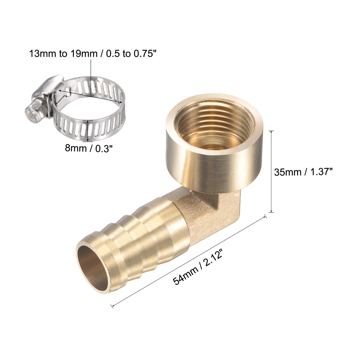 Uxcell Uxcell Brass Hose Barb Fitting Elbow 16mm x G1/2 Female Thread Pipe Connector with Stainless Steel Hose Clamp