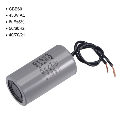 Harfington Uxcell CBB60 Run Capacitor 8uF 450V AC 2 Wires 50/60Hz Cylinder 66x35mm for Air Compressor Water Pump Motor