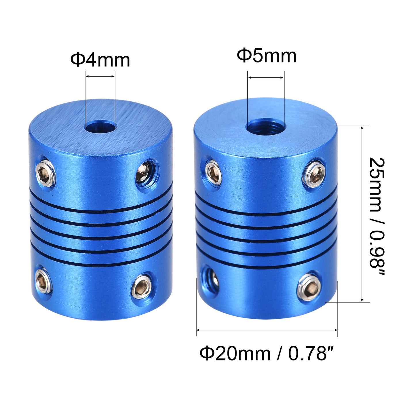 uxcell Uxcell 2 Pcs 5mm to 4mm Aluminum Alloy Shaft Coupling Flexible Coupler L25xD20 Blue