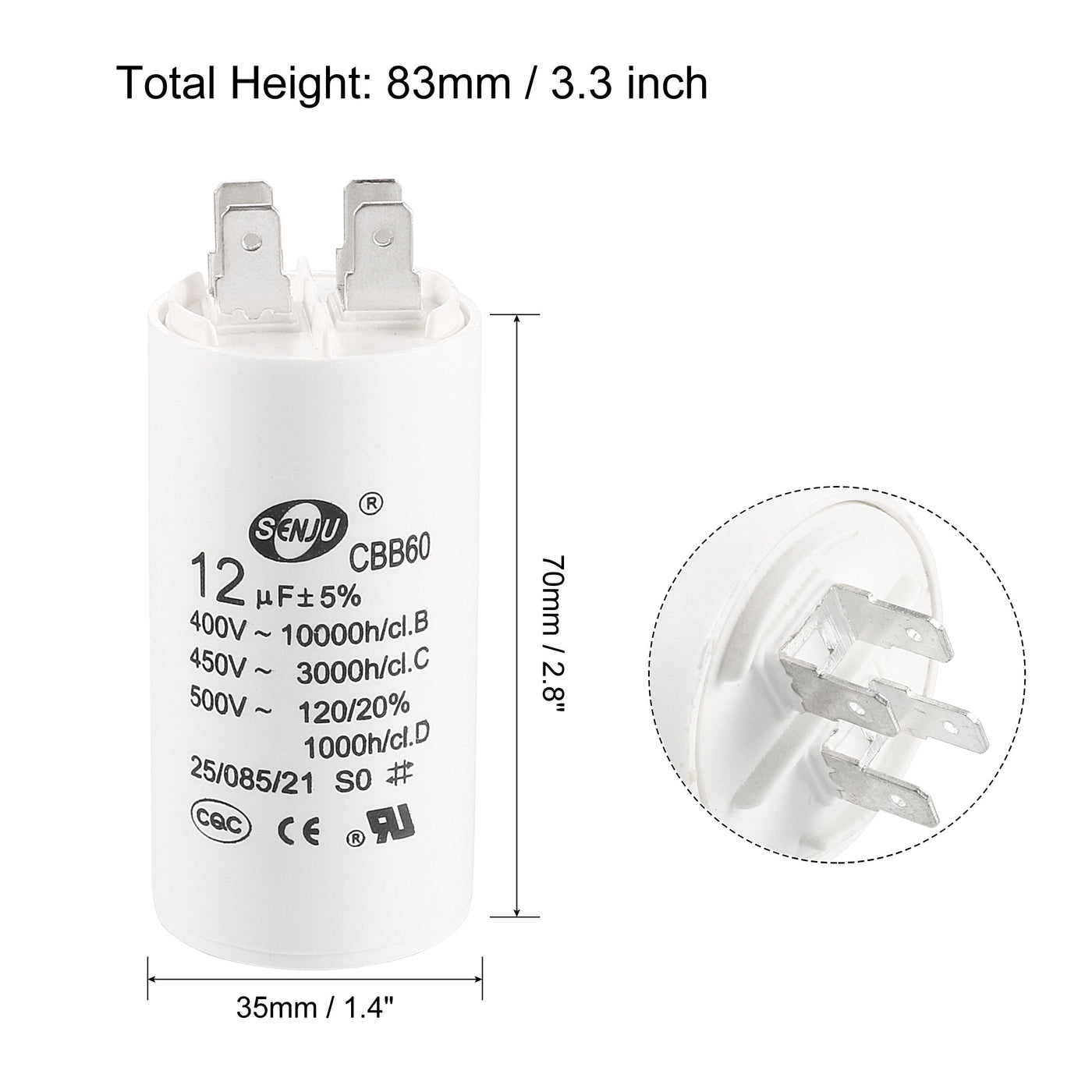 uxcell Uxcell CBB60 Run Capacitor 12uF 450V AC Double Insert 50/60Hz Cylinder 70x35mm White for Air Compressor Water Pump Motor