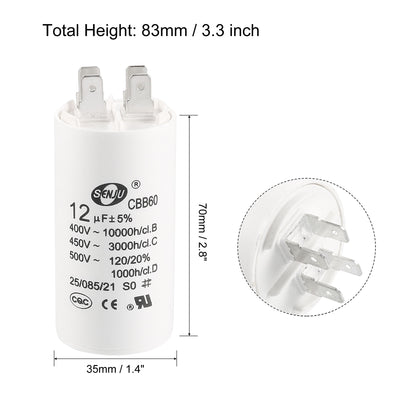 Harfington Uxcell CBB60 Run Capacitor 12uF 450V AC Double Insert 50/60Hz Cylinder 70x35mm White for Air Compressor Water Pump Motor