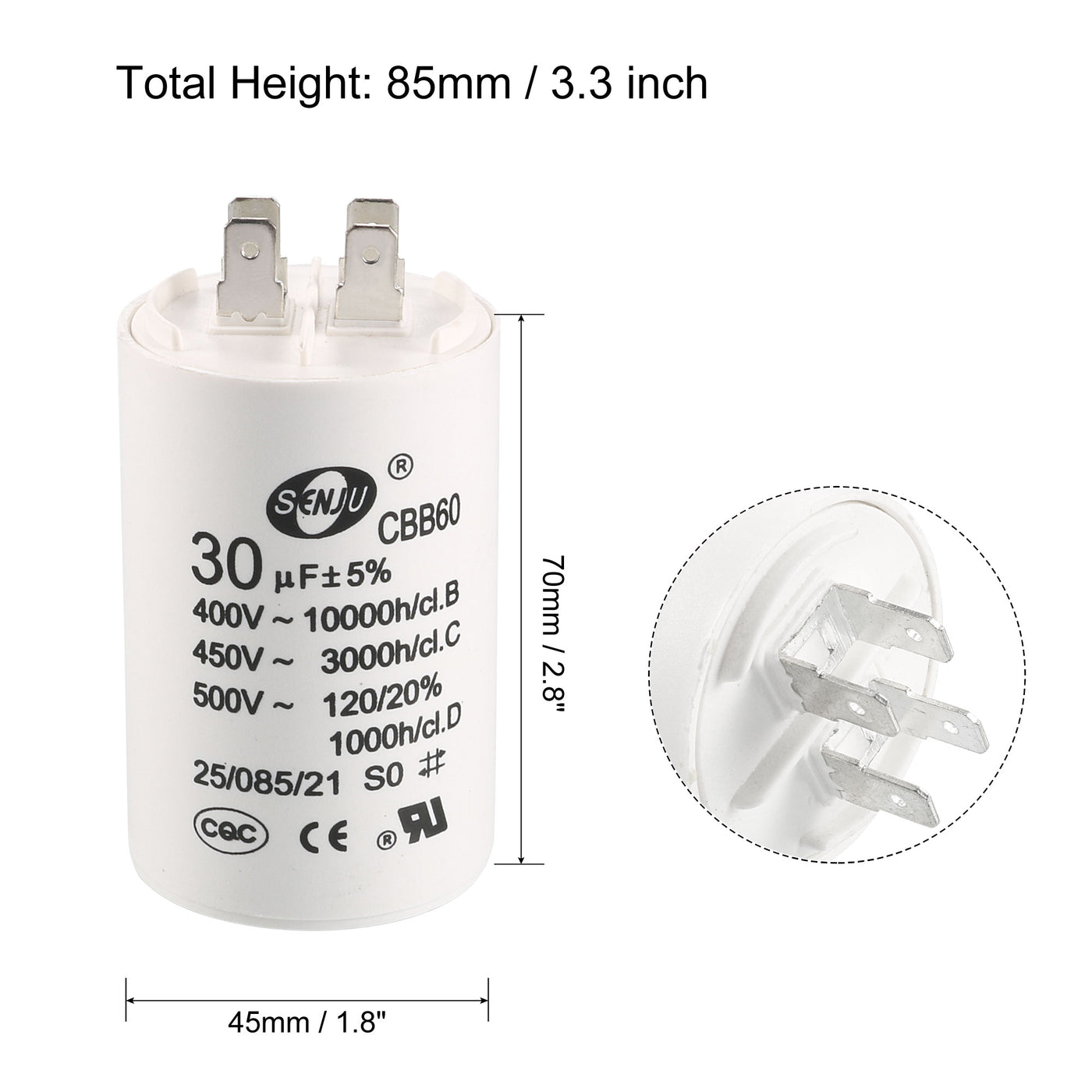 uxcell Uxcell CBB60 Run Capacitor 30uF 450V AC Double Insert 50/60Hz Cylinder 70x45mm White for Air Compressor Water Pump Motor