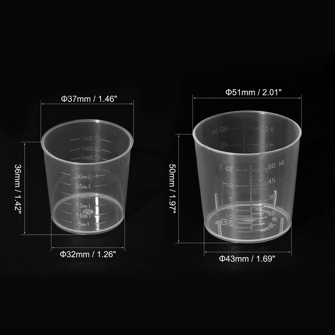 uxcell Uxcell 50 Pack Measuring Cup, 25 Pack 60ml/2oz, 25 Pack 30ml, PP Plastic Graduated Beaker Clear with 100 Pack Wooden Stirring Sticks for Lab Kitchen Liquids