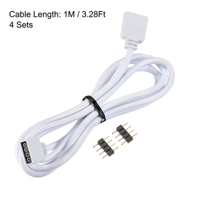 Harfington Uxcell 4 Pin 10mm RGB LED Strip Light Connector Extension Cable 1M Length White 4Pcs with 8Pcs Male 4 Pin Plugs