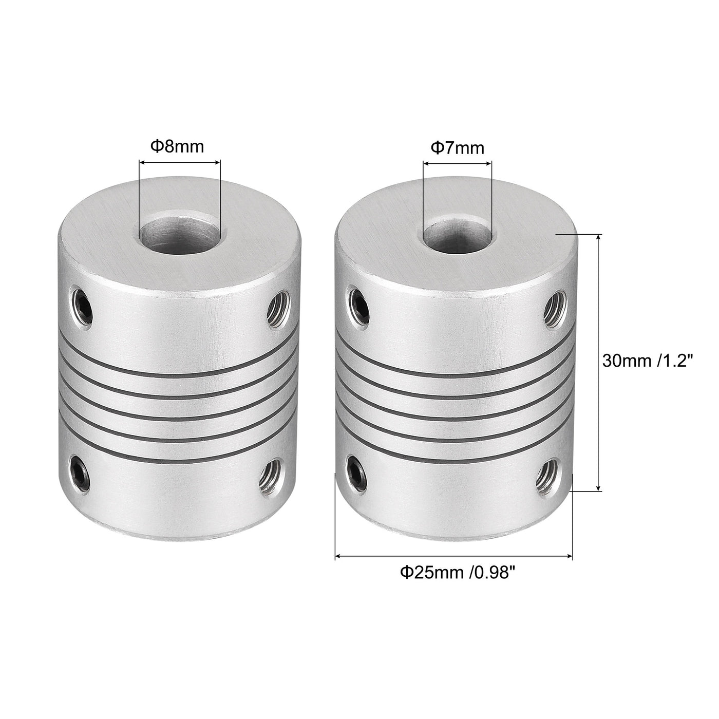 uxcell Uxcell 8mm to 7mm Aluminum Alloy Shaft Coupling Flexible Coupler L30xD25 Silver 2Pcs