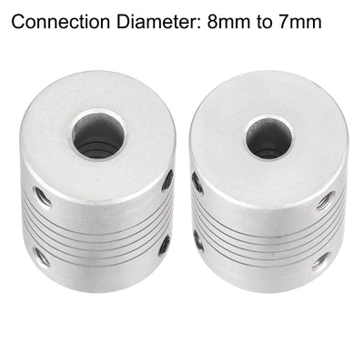 Harfington Uxcell 8mm to 7mm Aluminum Alloy Shaft Coupling Flexible Coupler L30xD25 Silver 2Pcs