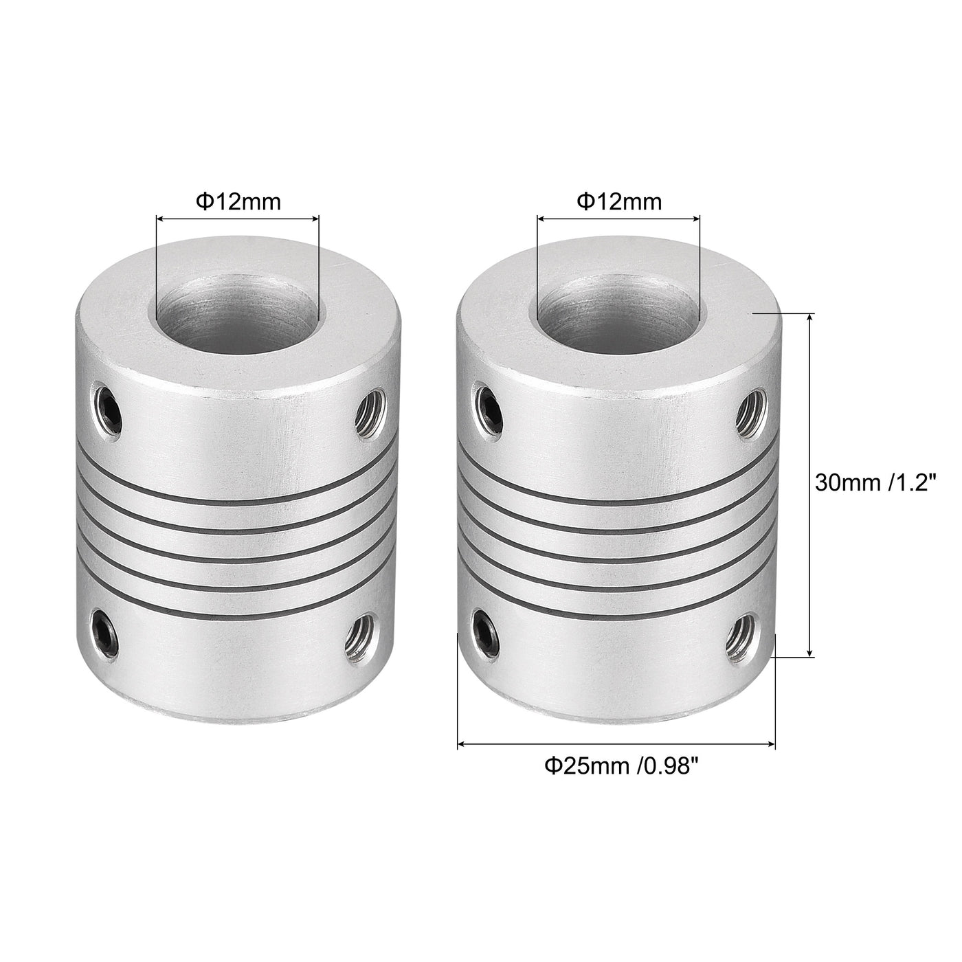 uxcell Uxcell 2Stk. 12mm zu 12mm Aluminiumlegierung Schaft Flexible Kupplung Motor Verbindungsstück L30xD25 Silber