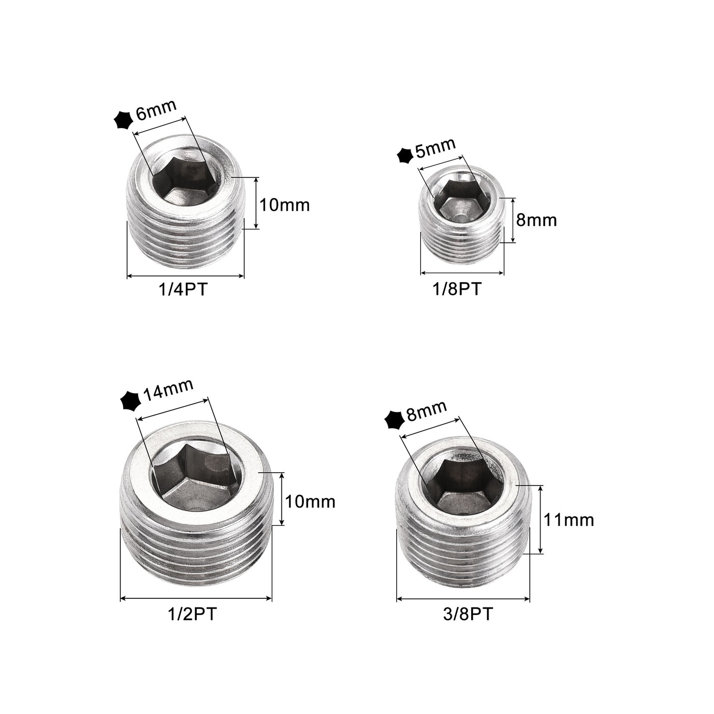 uxcell Uxcell Stainless Steel Internal Hex Pipe Plug Assortment 1/8PT 1/4PT 3/8PT 1/2PT Male Thread Socket Cap 4in1 3 Set