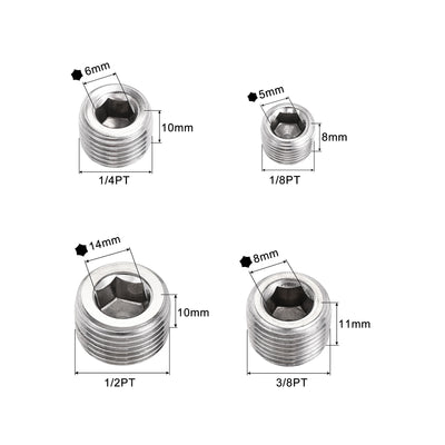 Harfington Uxcell Stainless Steel Internal Hex Pipe Plug Assortment 1/8PT 1/4PT 3/8PT 1/2PT Male Thread Socket Cap 4in1 3 Set