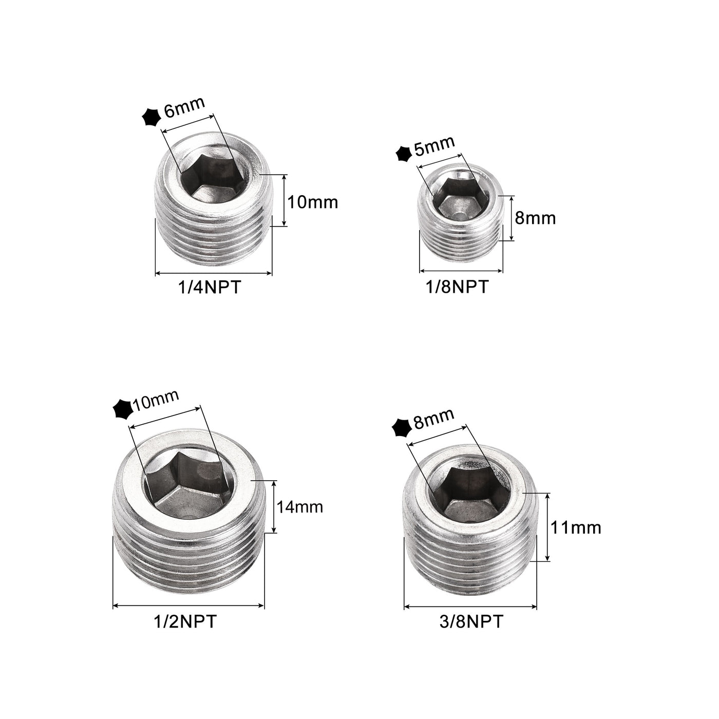 uxcell Uxcell Stainless Steel Internal Hex Pipe Plug Assortment 1/8NPT 1/4NPT 3/8NPT 1/2PT Male Thread Socket Cap 4in1 2 Set