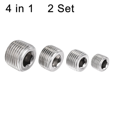 Harfington Uxcell Stainless Steel Internal Hex Pipe Plug Assortment 1/8NPT 1/4NPT 3/8NPT 1/2PT Male Thread Socket Cap 4in1 2 Set