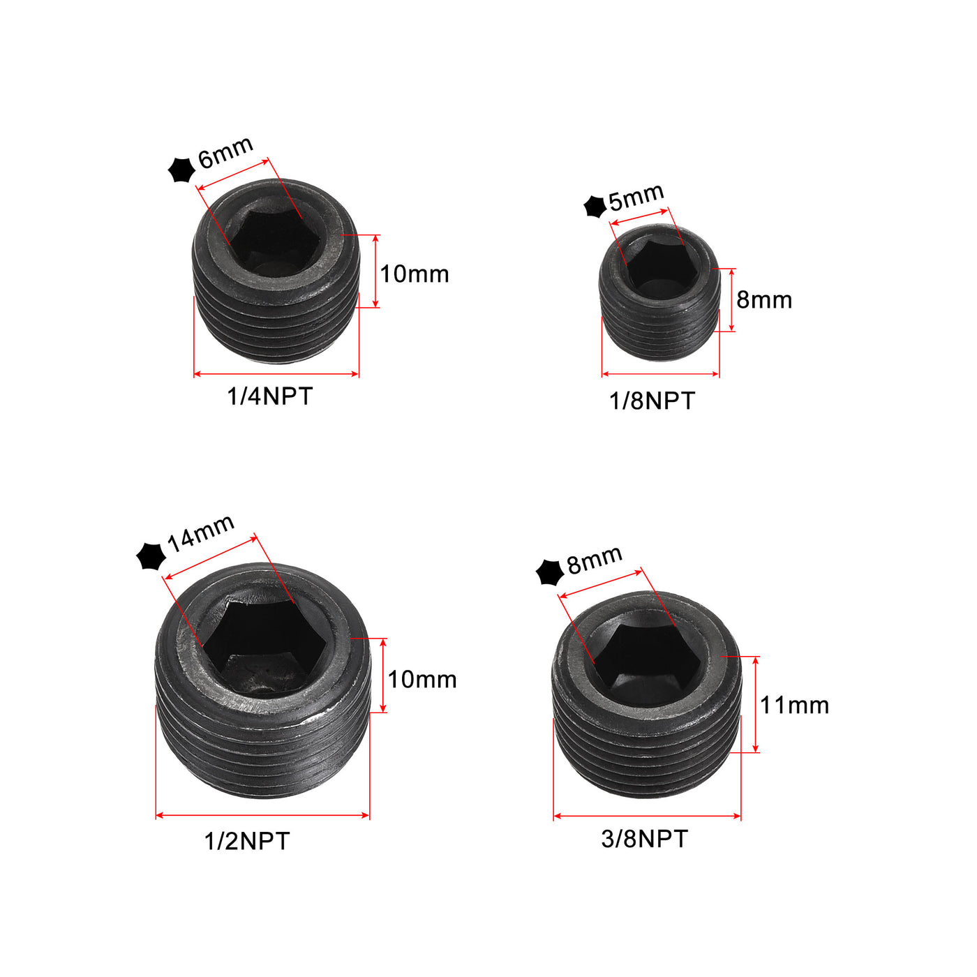 uxcell Uxcell Carbon Steel Internal Hex Pipe Plug Assortment 1/8NPT 1/4NPT 3/8NPT 1/2NPT Male Thread Socket Cap 4in1 3 Set