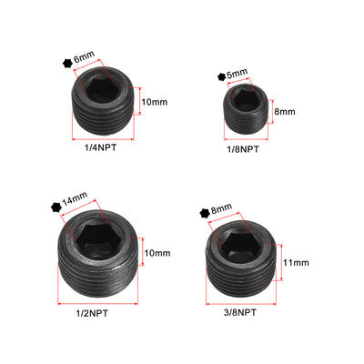 Harfington Uxcell Carbon Steel Internal Hex Pipe Plug Assortment 1/8NPT 1/4NPT 3/8NPT 1/2NPT Male Thread Socket Cap 4in1 3 Set