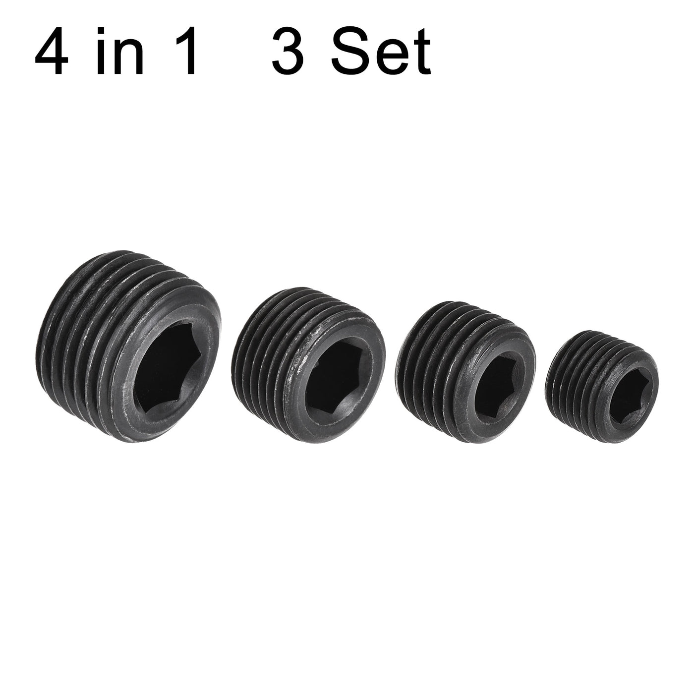 uxcell Uxcell Carbon Steel Internal Hex Pipe Plug Assortment 1/8NPT 1/4NPT 3/8NPT 1/2NPT Male Thread Socket Cap 4in1 3 Set