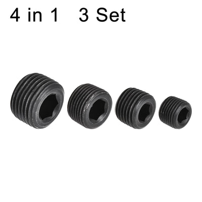 Harfington Uxcell Carbon Steel Internal Hex Pipe Plug Assortment 1/8NPT 1/4NPT 3/8NPT 1/2NPT Male Thread Socket Cap 4in1 3 Set