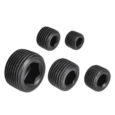 Harfington Uxcell Carbon Steel Internal Hex Pipe Plug Assortment 1/8NPT 1/4NPT 3/8NPT 1/2NPT 3/4NPT Male Thread Socket Cap 5in1 Set