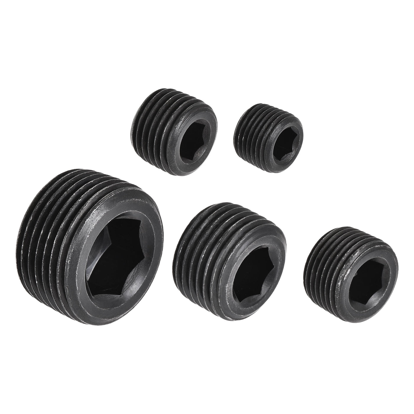 uxcell Uxcell Carbon Steel Internal Hex Pipe Plug Assortment 1/8NPT 1/4NPT 3/8NPT 1/2NPT 3/4NPT Male Thread Socket Cap 5in1 Set