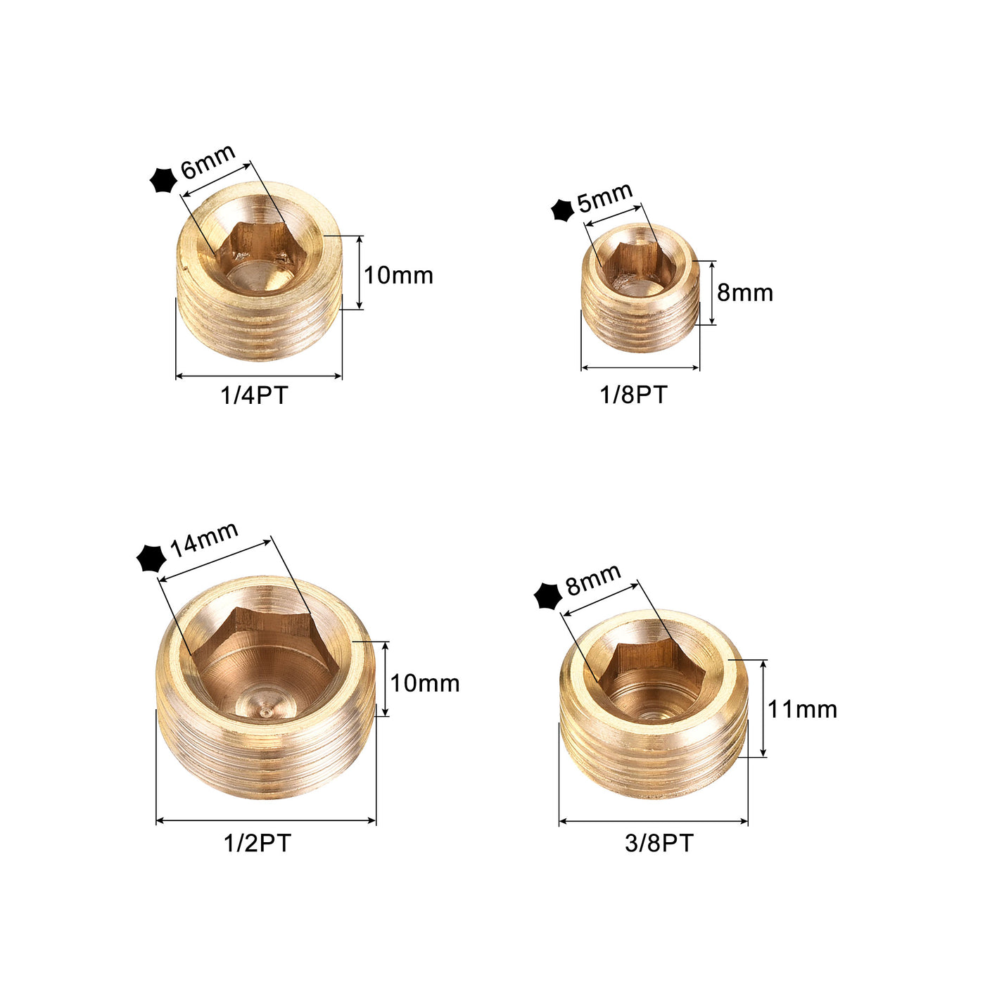 uxcell Uxcell Brass Internal Hex Pipe Plug Assortment 1/8PT 1/4PT 3/8PT 1/2PT Male Thread Socket Cap 4in1 3 Set