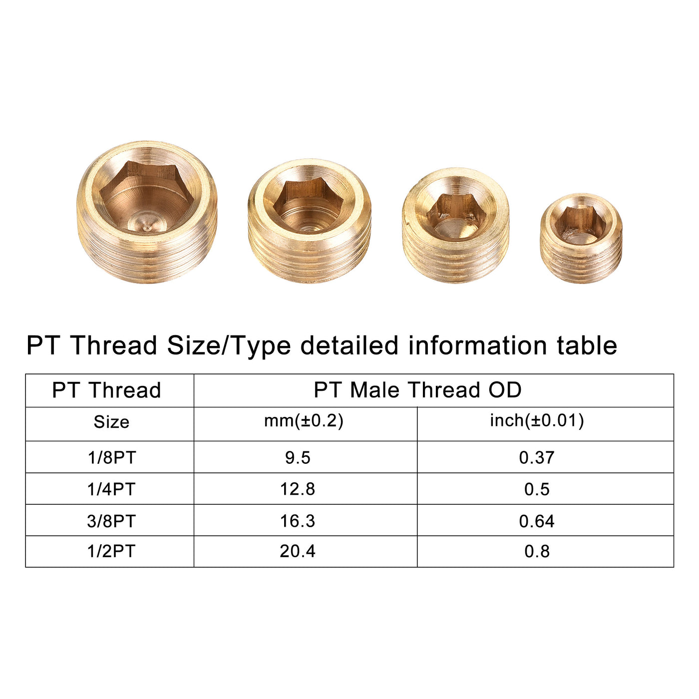 uxcell Uxcell Brass Internal Hex Pipe Plug Assortment 1/8PT 1/4PT 3/8PT 1/2PT Male Thread Socket Cap 4in1 3 Set