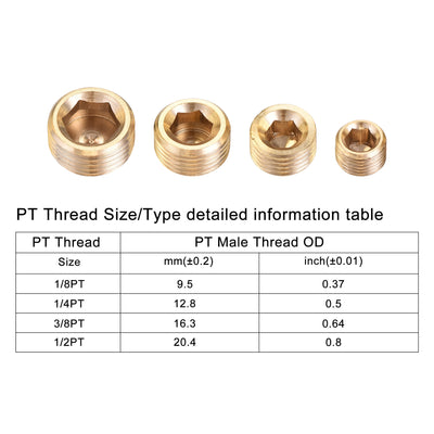 Harfington Uxcell Brass Internal Hex Pipe Plug Assortment 1/8PT 1/4PT 3/8PT 1/2PT Male Thread Socket Cap 4in1 3 Set