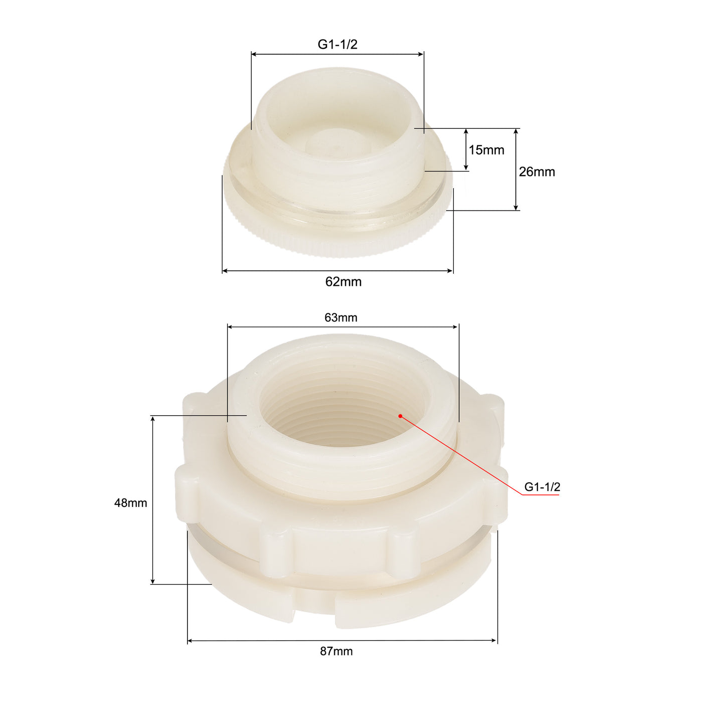 uxcell Uxcell ABS Bulkhead Tank Adapter with PVC Plug Fitting G1-1/2 Thread for Rain Buckets Water Tanks Aquariums 1 Set