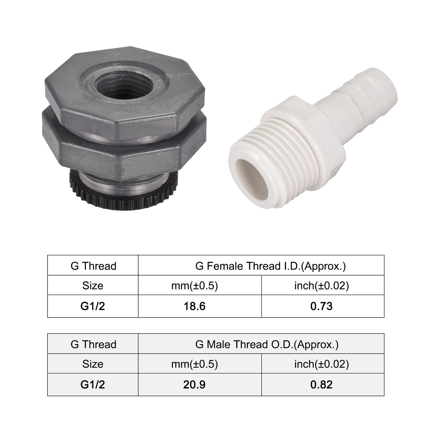 uxcell Uxcell PVC Bulkhead Tank Adapter G1/2 Thread with Plug and 12mm OD Barbed Pipe Fitting for Rain Buckets Water Tanks 2 Set