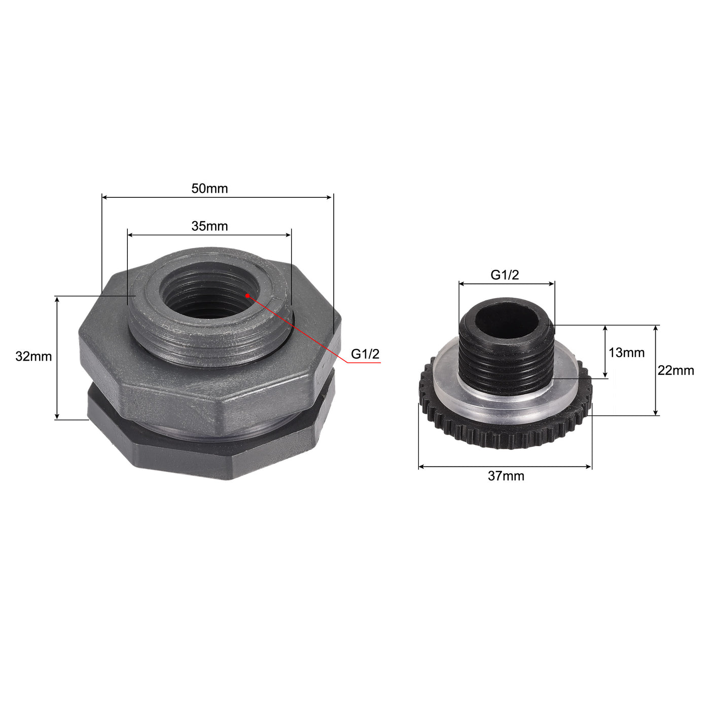 uxcell Uxcell 2 Satz PVC Schott Tank Adapter G1/2 Gewinde mit Stopfen und 16mm OD Stachelrohr Fitting für Regeneimer Wassertanks