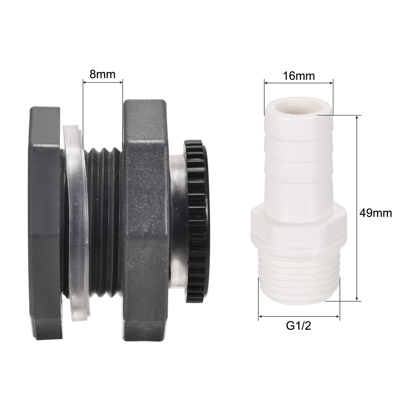 uxcell Uxcell 2 Satz PVC Schott Tank Adapter G1/2 Gewinde mit Stopfen und 16mm OD Stachelrohr Fitting für Regeneimer Wassertanks