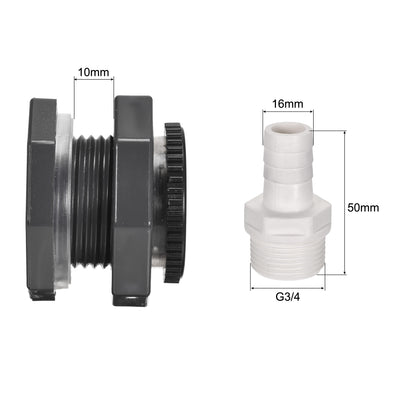 Harfington Uxcell PVC Bulkhead Tank Adapter G3/4 Thread with Plug and 16mm OD Barbed Pipe Fitting for Rain Buckets Water Tanks 2 Set