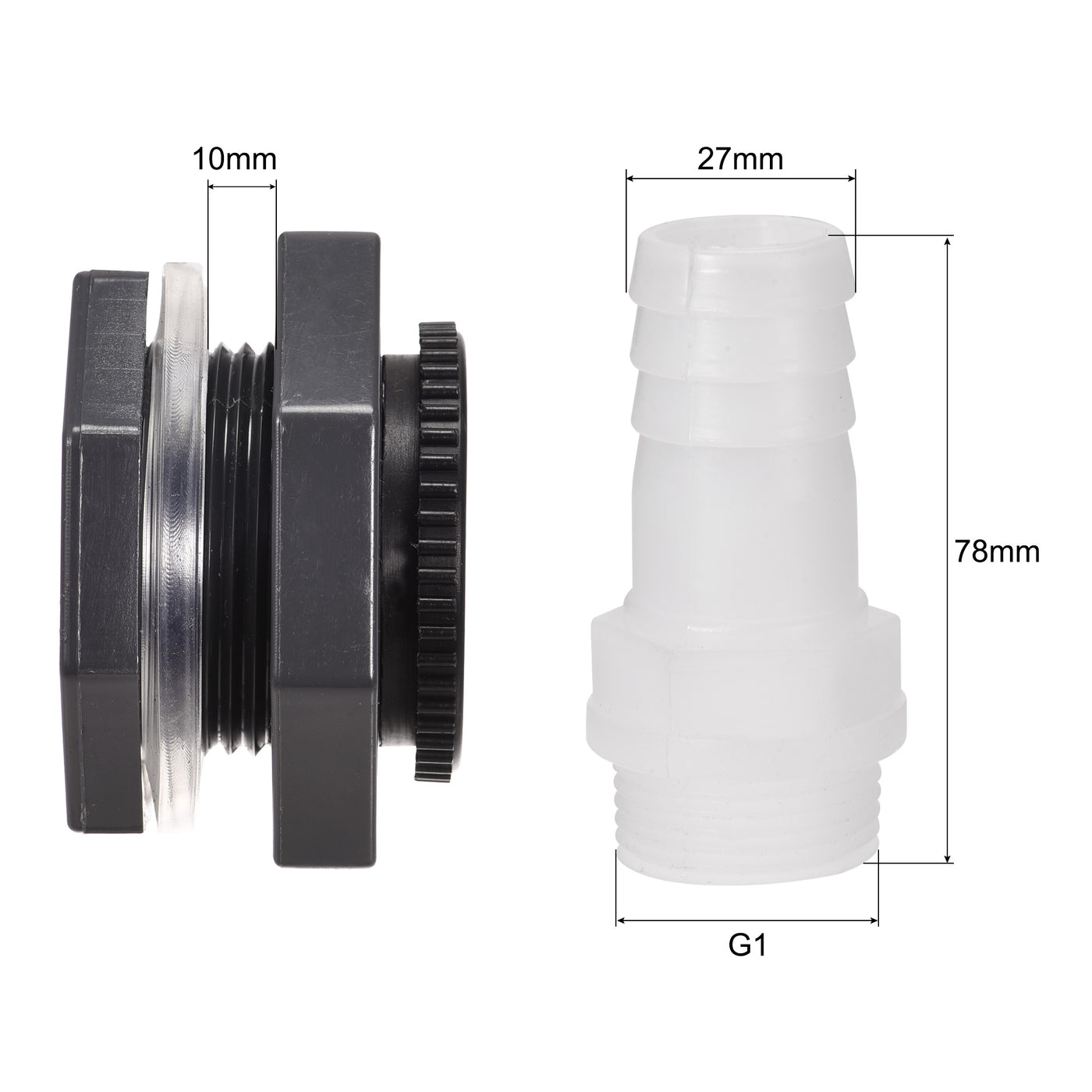 uxcell Uxcell PVC Bulkhead Tank Adapter G1 Thread with Plug and 27mm OD Barbed Pipe Fitting for Rain Buckets Water Tanks 2 Set