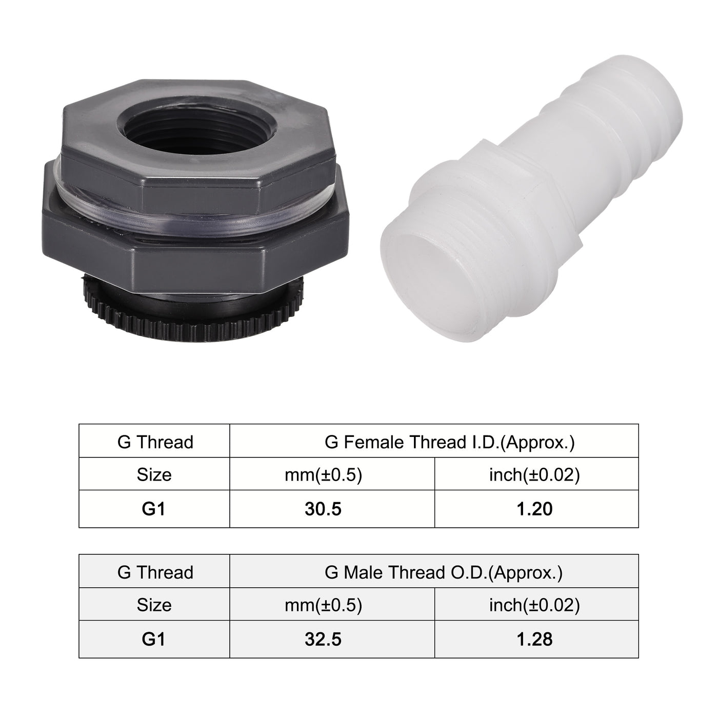 uxcell Uxcell PVC Bulkhead Tank Adapter G1 Thread with Plug and 27mm OD Barbed Pipe Fitting for Rain Buckets Water Tanks 2 Set