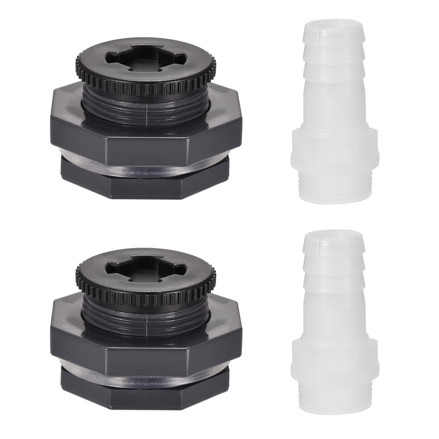 uxcell Uxcell PVC Bulkhead Tank Adapter G1 Thread with Plug and 27mm OD Barbed Pipe Fitting for Rain Buckets Water Tanks 2 Set