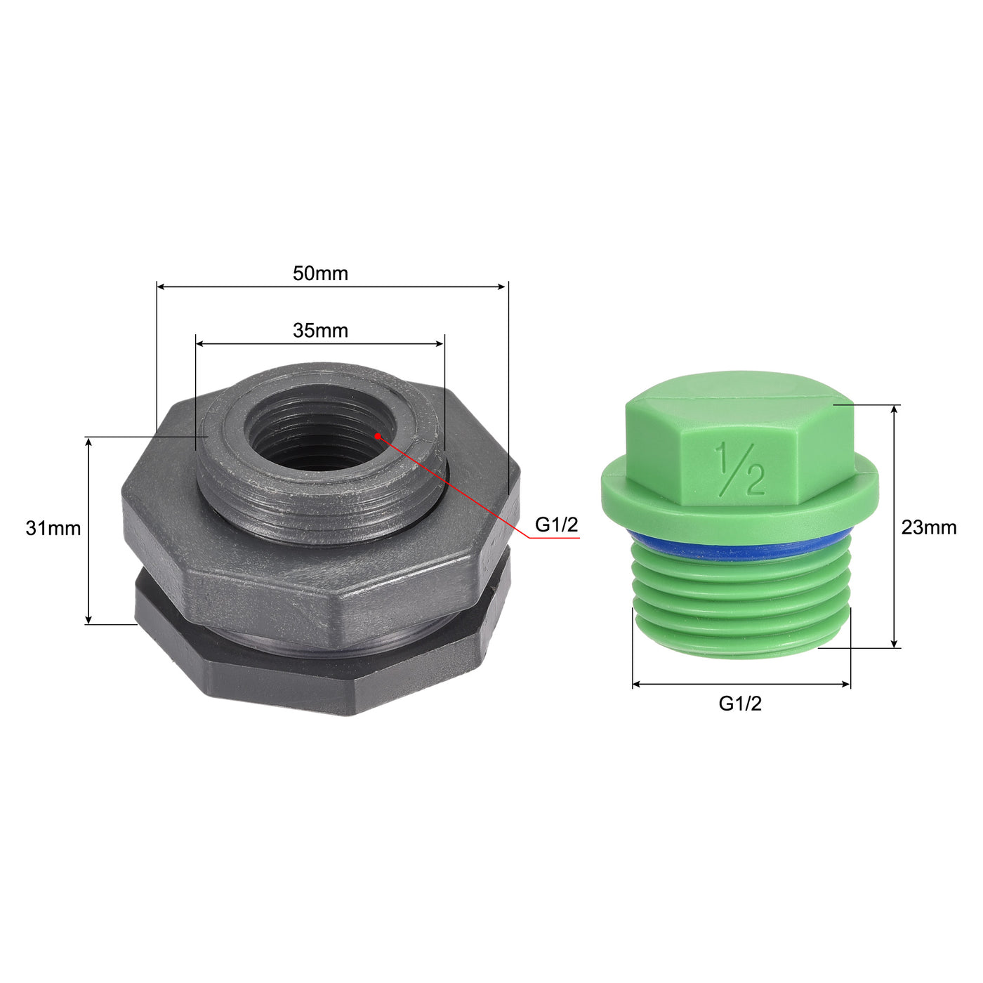 uxcell Uxcell PVC Bulkhead Tank Adapter with Green Plug Fitting G1/2 Thread for Rain Buckets Water Tanks Aquariums 1 Set