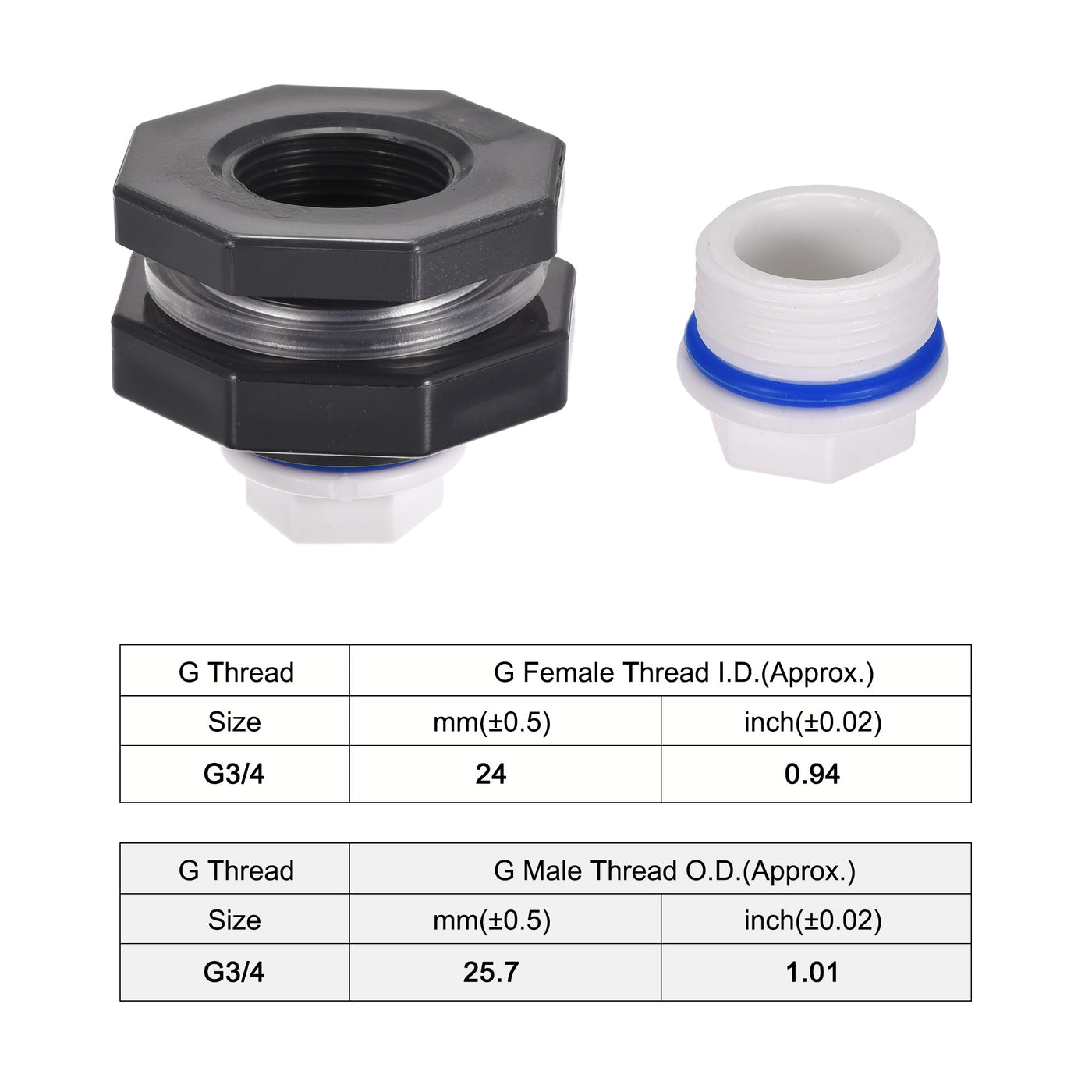 uxcell Uxcell PVC Bulkhead Tank Adapter with White Plug Fitting G3/4 Thread for Rain Buckets Water Tanks Aquariums 1 Set