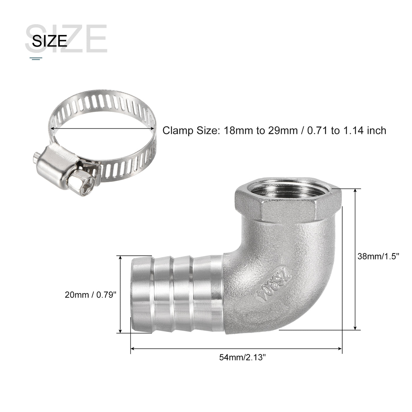 Harfington 304 Stainless Steel Hose Barb Fitting Elbow 20mm x 1/2NPT Female Thread Right Angle Pipe Connector with Hose Clamp 1 Set