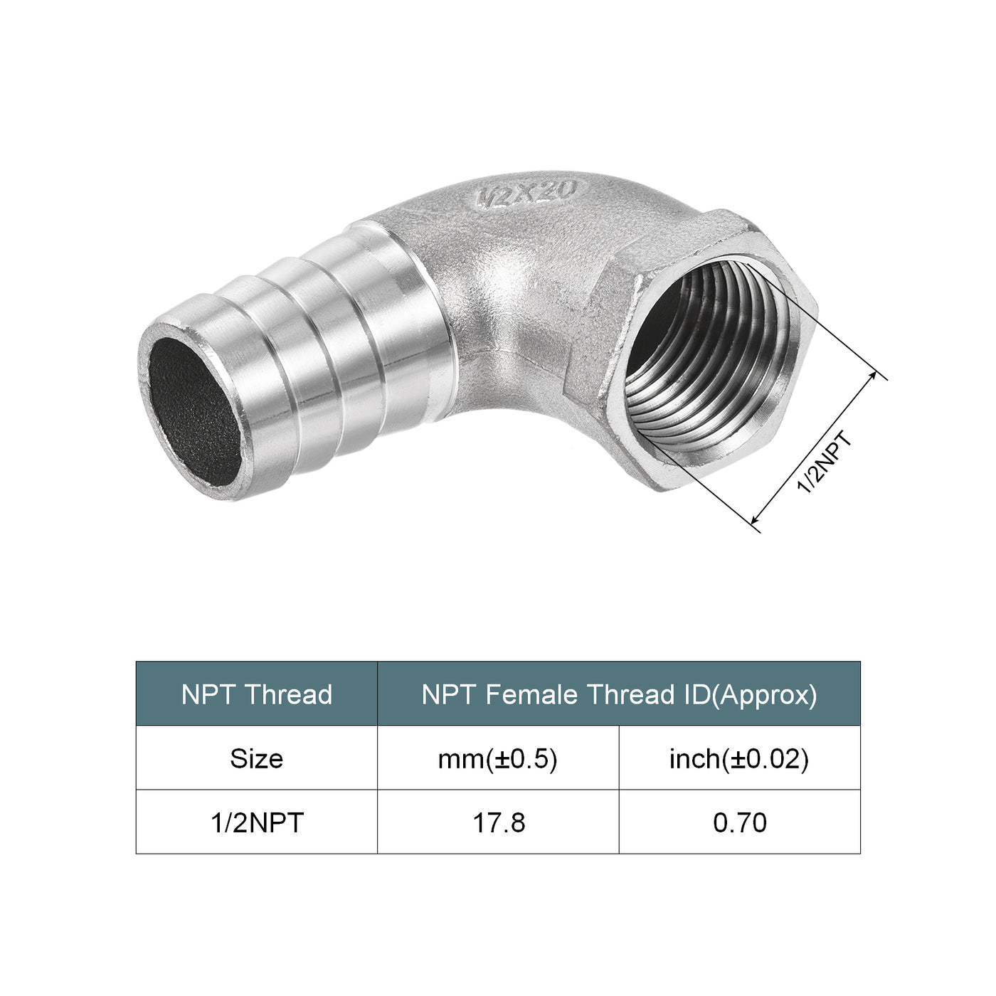 Harfington 304 Stainless Steel Hose Barb Fitting Elbow 20mm x 1/2NPT Female Thread Right Angle Pipe Connector with Hose Clamp 1 Set