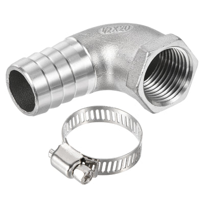 Harfington 304 Stainless Steel Hose Barb Fitting Elbow 20mm x 1/2NPT Female Thread Right Angle Pipe Connector with Hose Clamp 1 Set