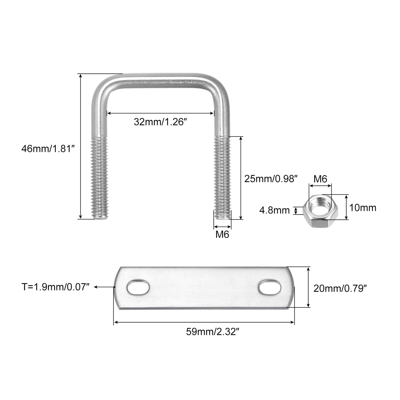 Harfington Square U-Bolts, 304 Stainless Steel U Clamp Bolt with Nuts and Plates, for Boat Trailer