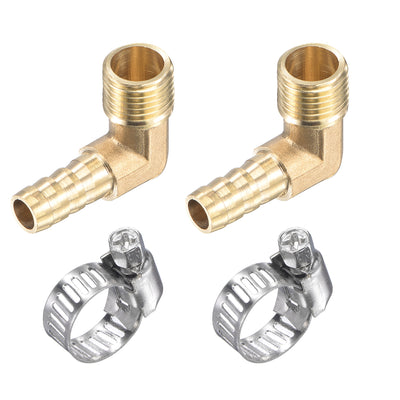 Uxcell Uxcell Brass Hose Barb Fitting Elbow 8mm x G1/2 Male Thread Right Angle Pipe Connector with Stainless Steel Hose Clamp, Pack of 2