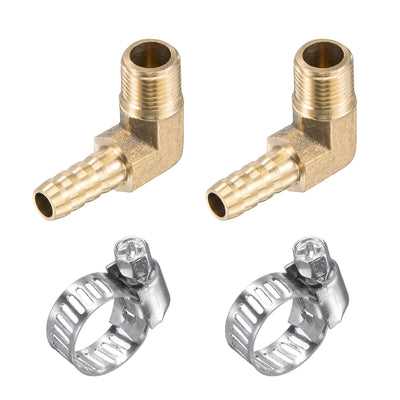 Uxcell Uxcell Brass Hose Barb Fitting Elbow 6mm x G3/8 Male Thread Right Angle Pipe Connector with Stainless Steel Hose Clamp, Pack of 2